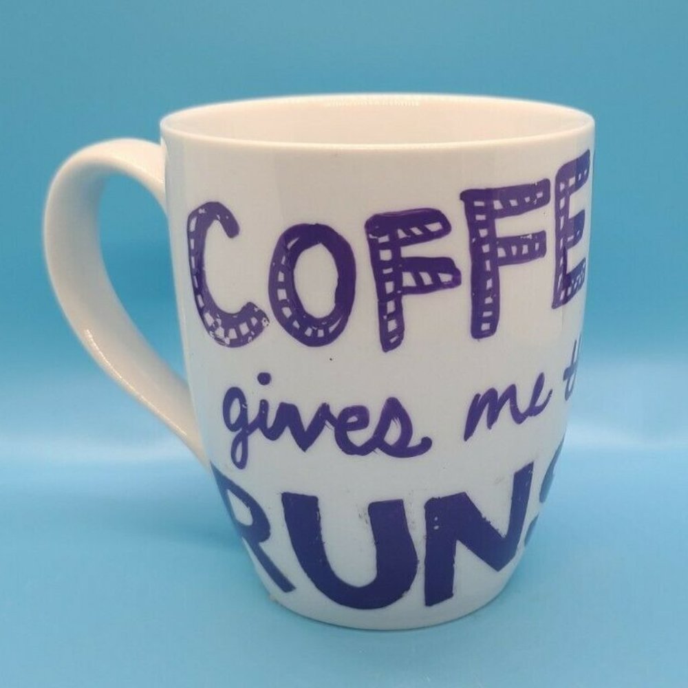 Coffee Gives Me The Runs White and Purple Ceramic Coffee Mug Running Shoe